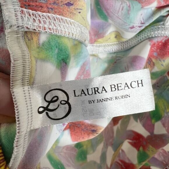 Laura Beach by Janine Robin Women's 6 White Multi Color Feather Print One Piece - Picture 7 of 12